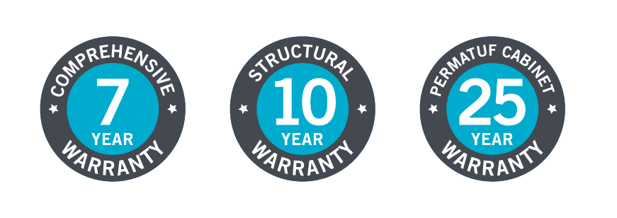 7-year comprehensive warranty, 10-year structural warranty and 25-year Permatuf Cabinet warranty icons.