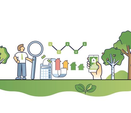 A guide for transition to an electric home, showing a man looking into energy costs and steps to go electric.